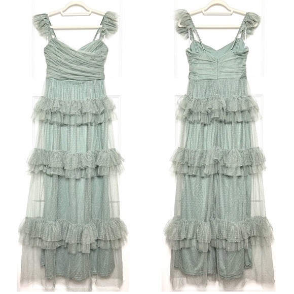 LULUS Swiss Dot Tulle Ruffle Tier Sweetheart Neck Sleeveless Cottagecore‎ Gown S - Picture 4 of 7